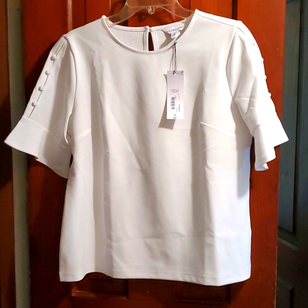 Liz Claiborne short sleeve white top with buttons on sleeves Size M. NWT